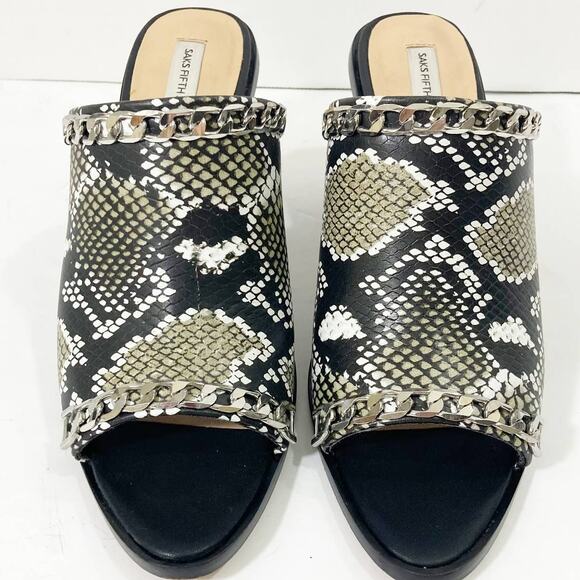 Snake embossed peep toe mules, womens 7.5 python pattern chain trim chunky heels - Picture 5 of 11